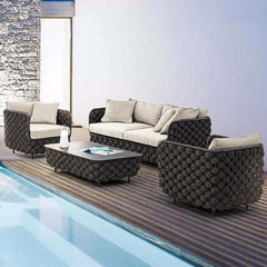 4Pcs Aluminum & Rope Patio Furniture Set with Faux Marble Coffee Table and Comfortable Cushion Pillow for Outdoor Use