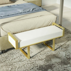 Chic modern bedroom bench in gray linen upholstery with stylish gold legs for entryway