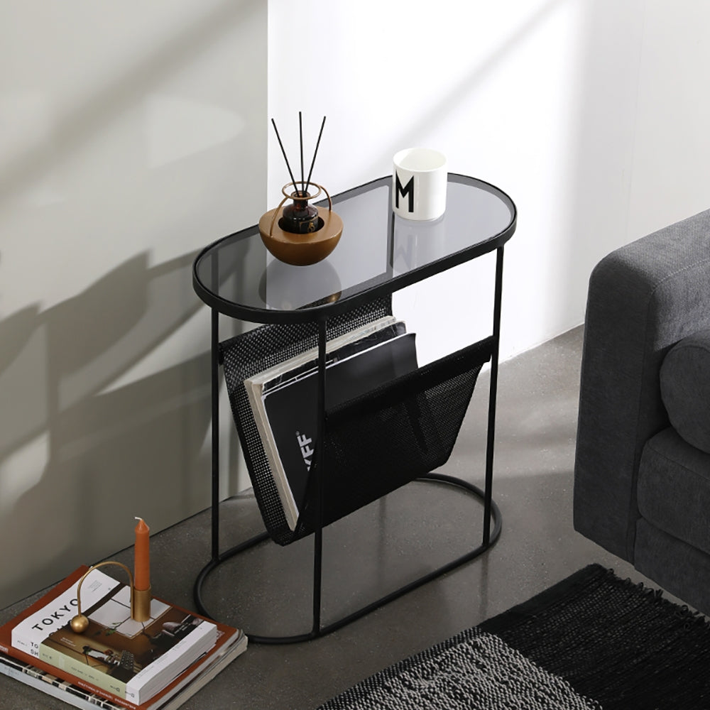 Mesa auxiliar moderna, mesa auxiliar negra, mesa ovalada con detalles  metálicos, porta revistas, mesa de sofá - Default