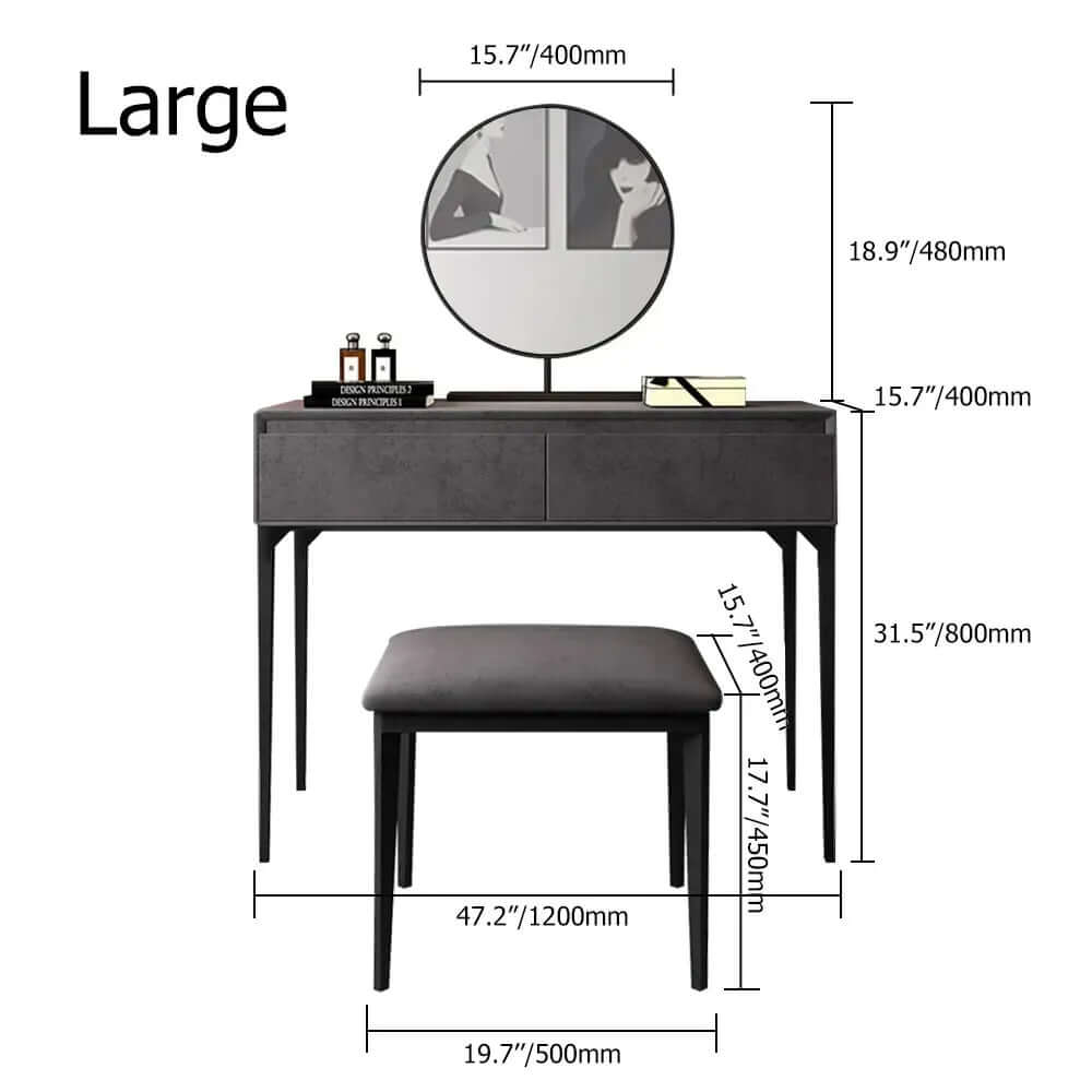Gray makeup vanity set with plush velvet dressing, adjustable mirror, and comfortable cushioned stool