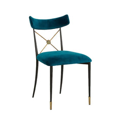 Elegant blue Empire style dining chair with green upholstered cross back