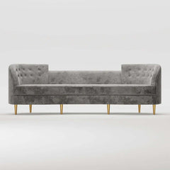 Comfortable 4-seater gray velvet sofa with gold legs and sturdy wood frame