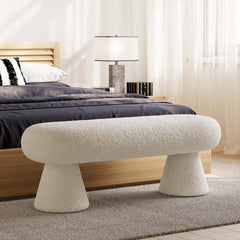 Modern white and orange boucle bedroom bench with 2 legs upholstered long bench