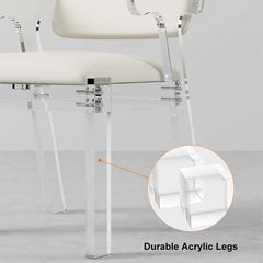 Trendy acrylic white dining chair with arms and PU leather upholstery for a contemporary dining experience