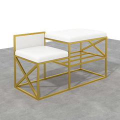 Modern white upholstered bench with gold legs for entryway decor