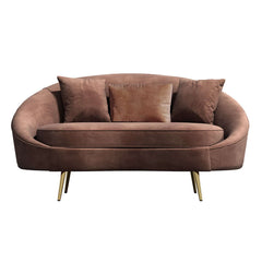 63 inch pink velvet curved sofa with gold metal frame and matching toss pillow, modern style