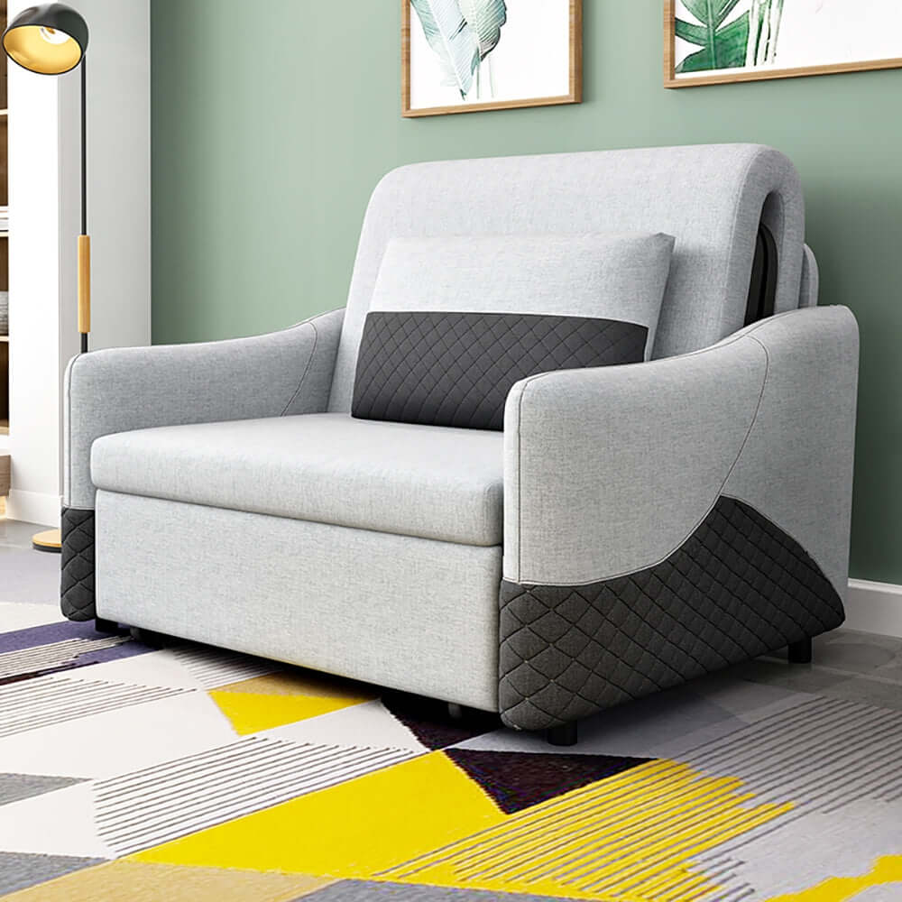 Modern 34 inch Convertible Sleeper Chair with Arms & Metal Base in Linen Upholstery