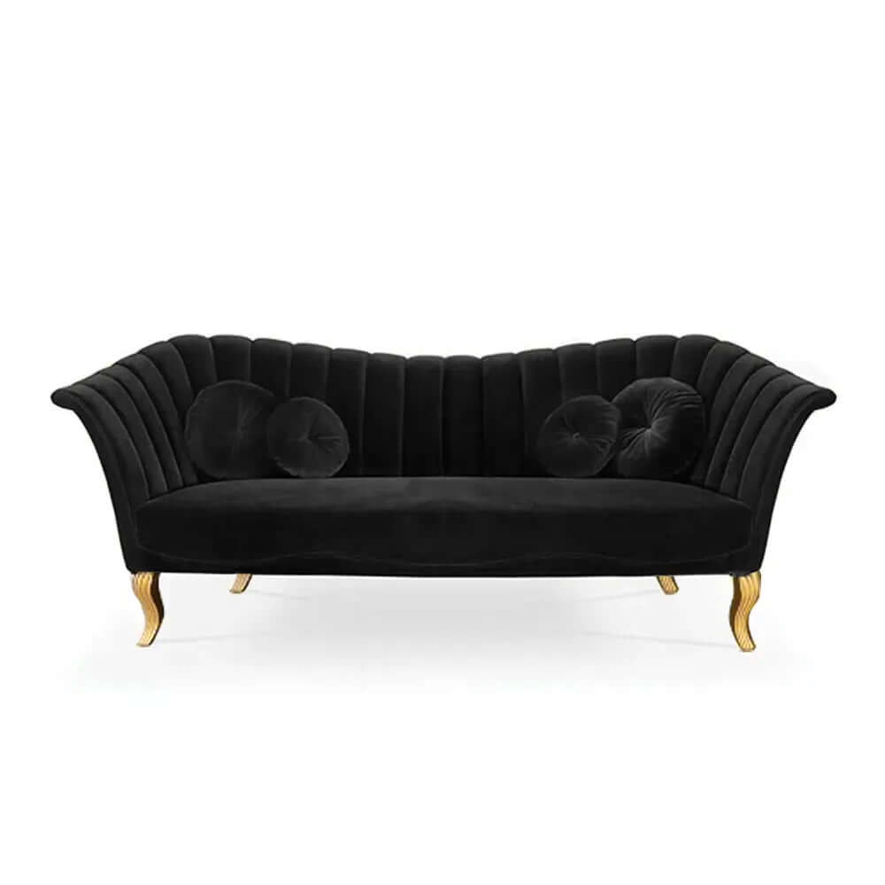 Elegant 3 seater sofa with black velvet upholstery and luxurious gold finish