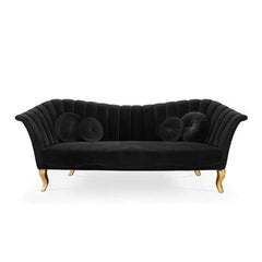 Elegant 3 seater sofa with black velvet upholstery and luxurious gold finish