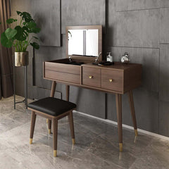 Versatile gray makeup vanity with fliptop mirror & cushioned stool for daily use