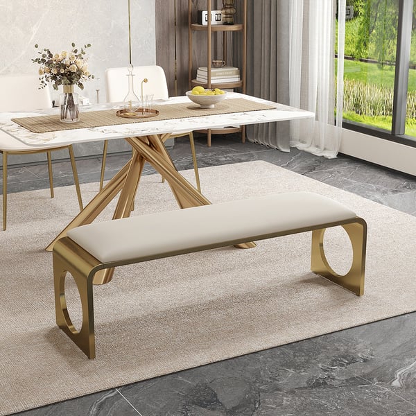 55" OffWhite Modern Dining Room Bench for 3 Person Faux Leather Bench Stainless Steel