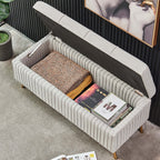 Contemporary flip top storage bench in gray velvet with gold legs