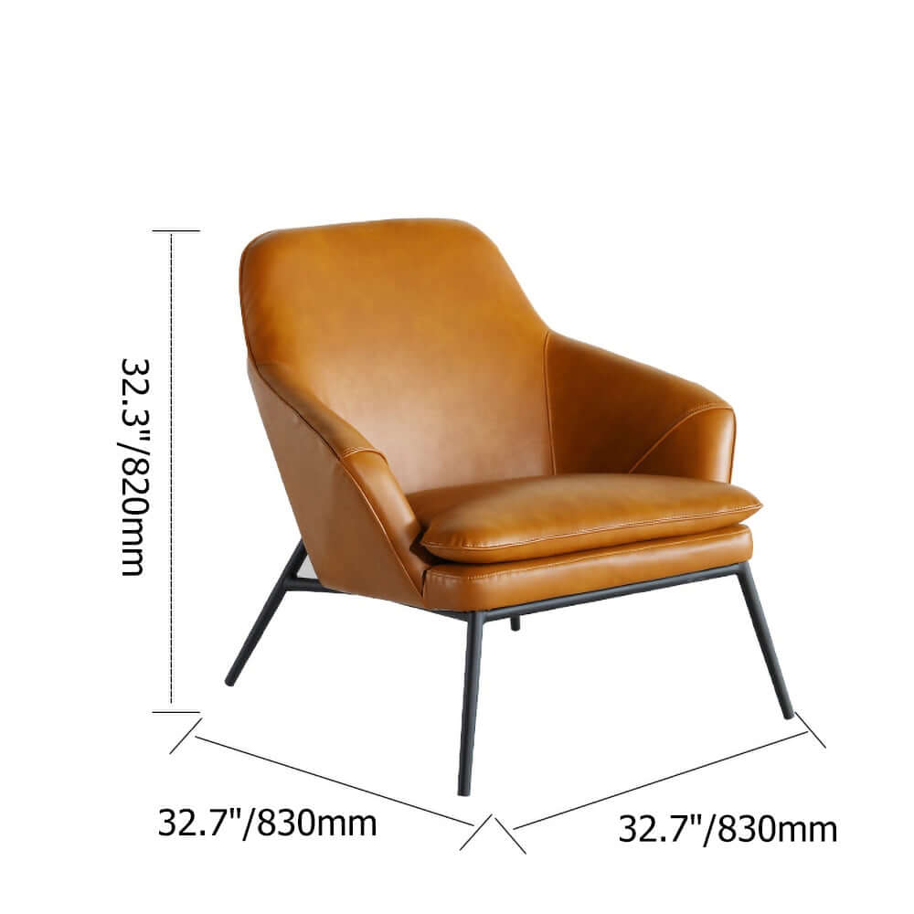 Black-finished carbon steel accent chair with caramel PU leather upholstery and armrests