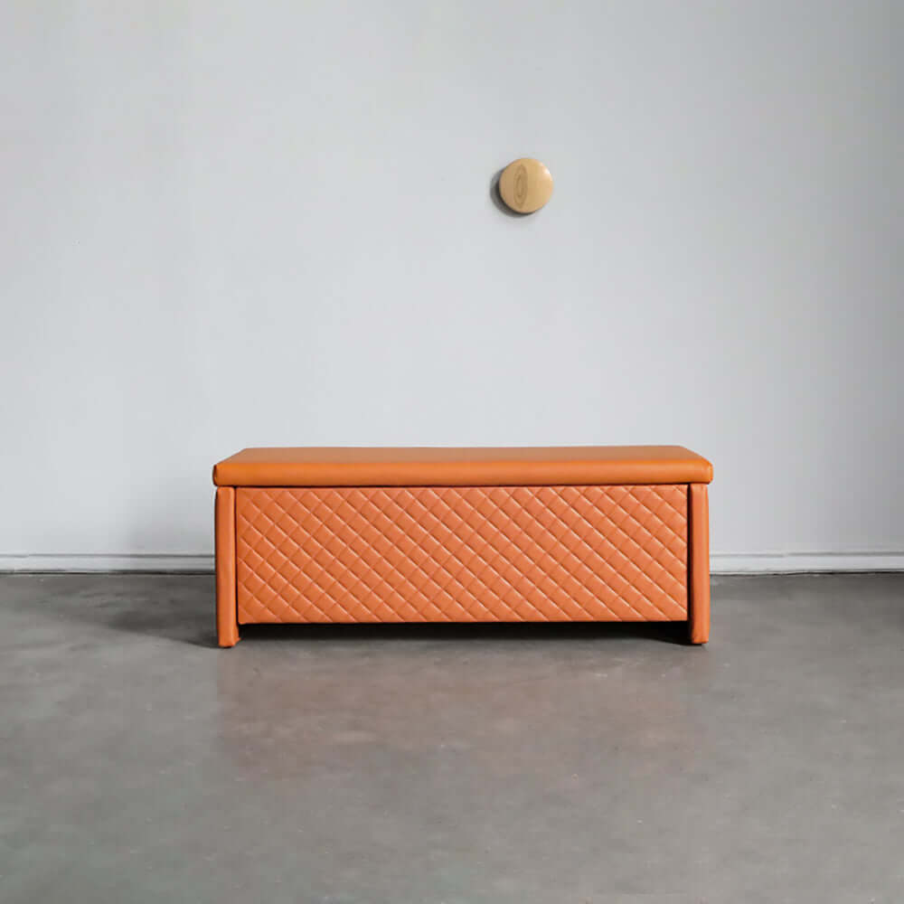 Orange vegan leather upholstered liftable bench with storage ottoman one drawer for bedroom entryway
