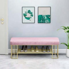 Fashionable green velvet upholstered bench with gold-tone frame and functional storage