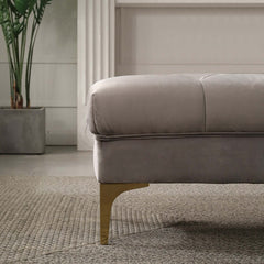 Chic light gray velvet upholstered bench perfect for entryway with sturdy metal legs