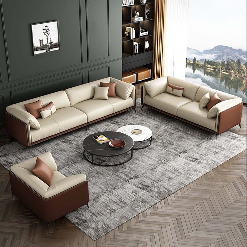 3 Pieces Living Room Set Microfiber Leather Upholstered Sofa in Brown & Beige Furniture