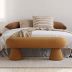 Elegant white and orange boucle bedroom bench with 2 legs and comfy upholstered top