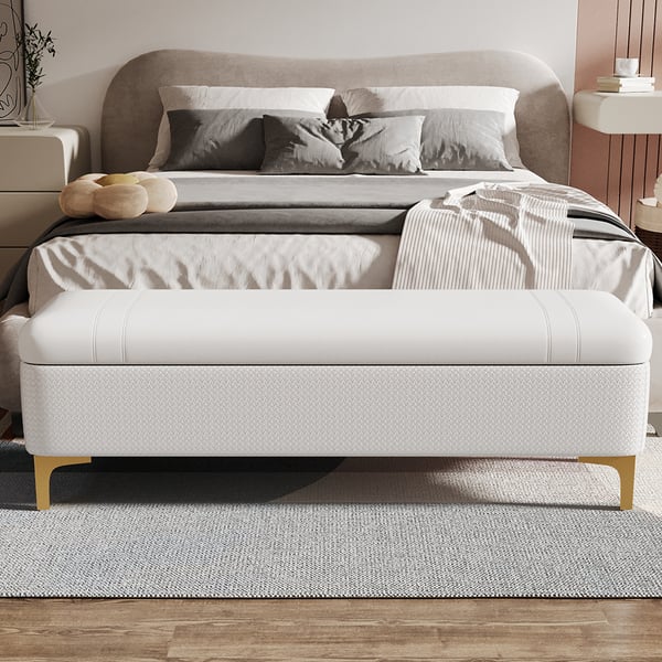 Modern White PU Leather Bedroom Flip Top Storage Bench with Gold Stainless Steel Legs