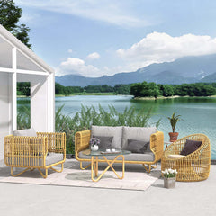 4-piece outdoor rattan sofa set with glass coffee table