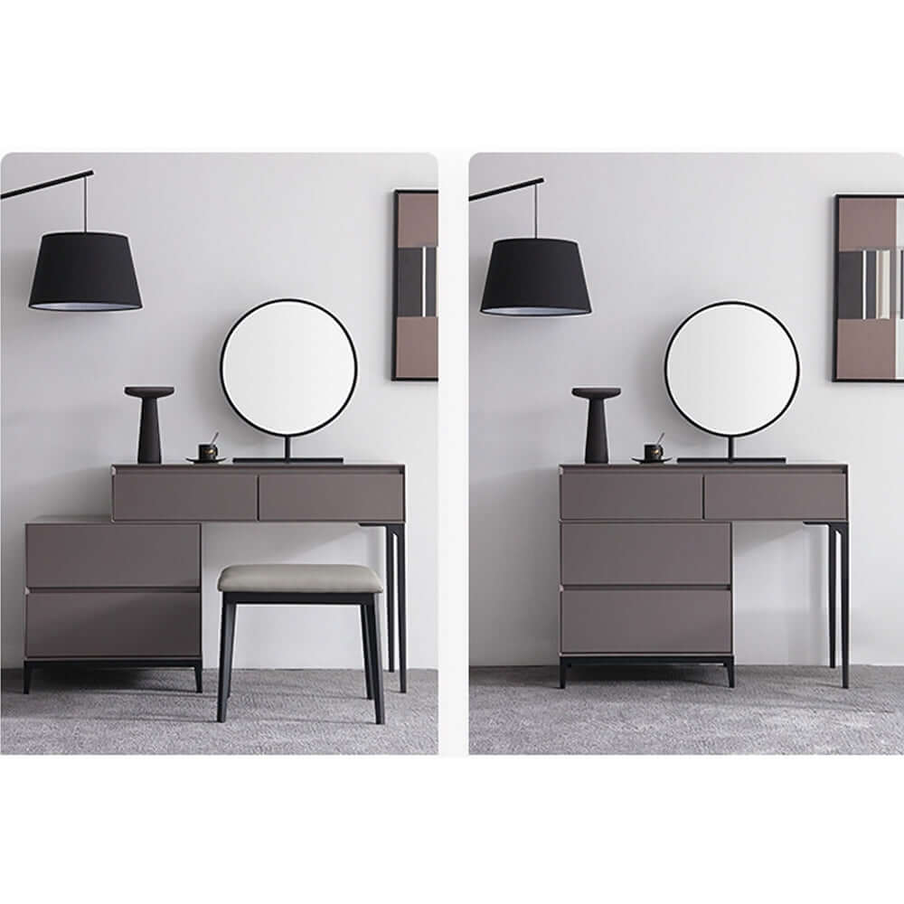 Modern gray vanity set with ample storage for cosmetics and beauty essentials