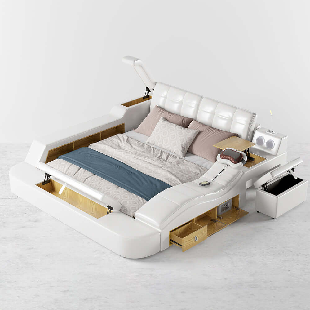 Sophisticated White Smart Bed with Faux Leather and Audio System