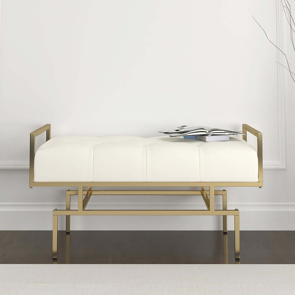 Stylish 31.5'' modern gray faux leather bench with luxurious gold metal legs