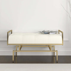 Stylish 31.5'' modern gray faux leather bench with luxurious gold metal legs