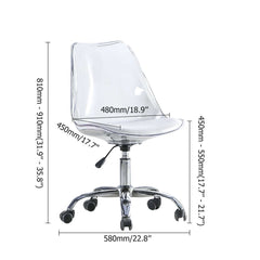 Sleek office chair with clear plastic design, adjustable height, and swivel in white