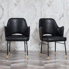 Sleek black faux leather high back dining chair set of 2 with armrests and modern metal legs