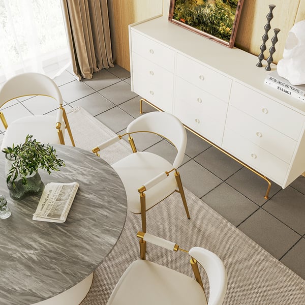 Set of 2 Curvice white PU leather dining chairs with curved back and stainless steel arms