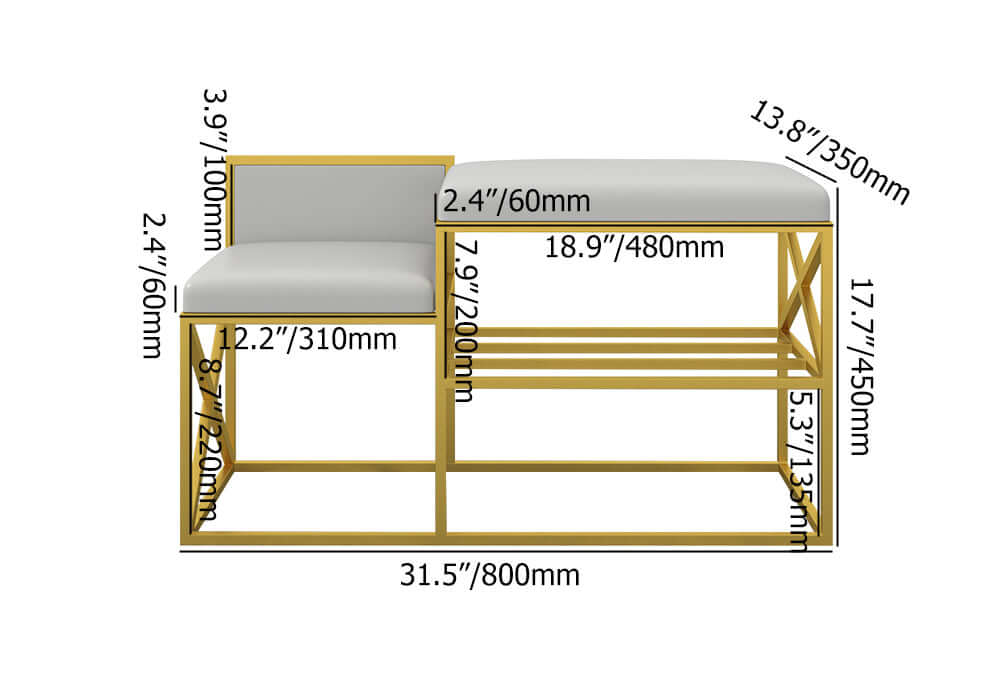 Luxurious white and gold PU leather upholstered bench for entryway
