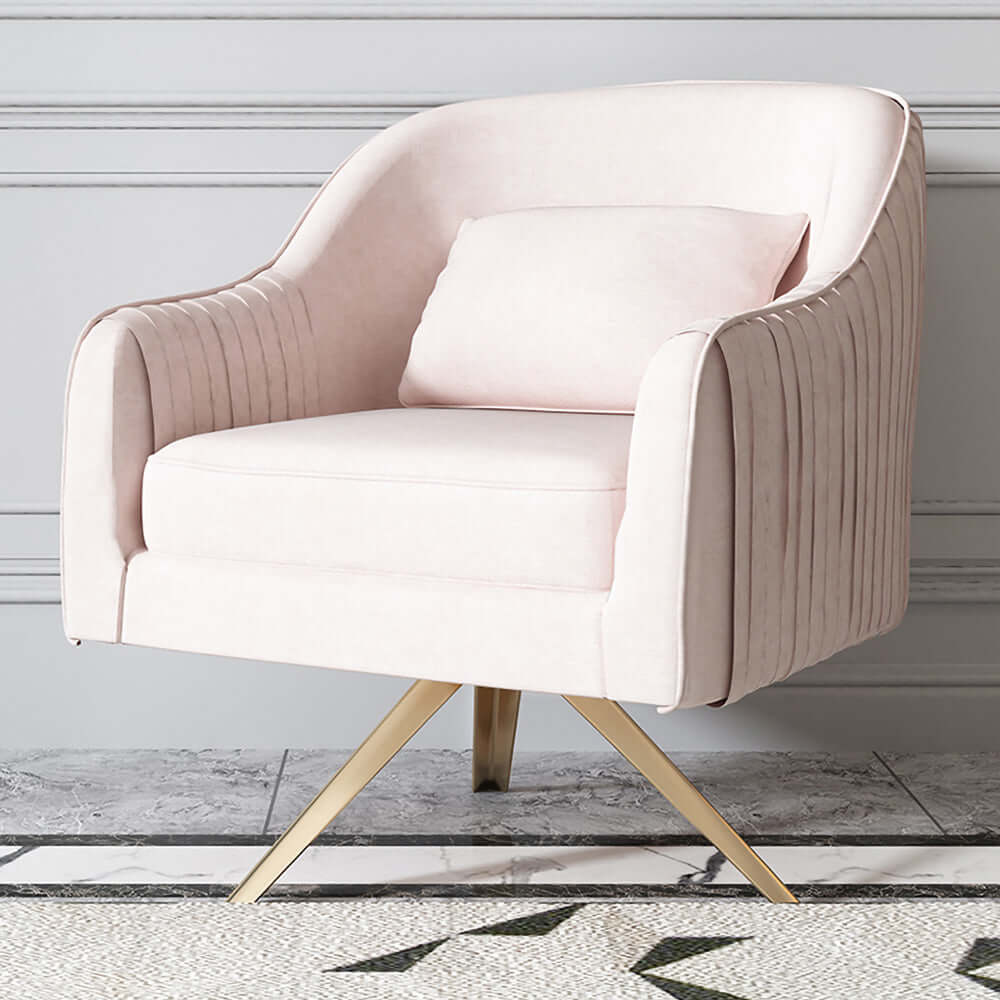 Pink velvet accent chair with modern design and comfortable upholstered armrests