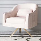 Pink velvet accent chair with modern design and comfortable upholstered armrests