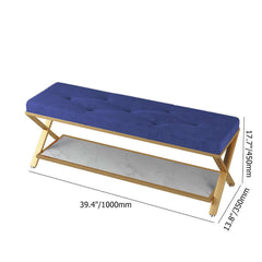 Elegant blue bed bench with X-shaped base and ample storage space