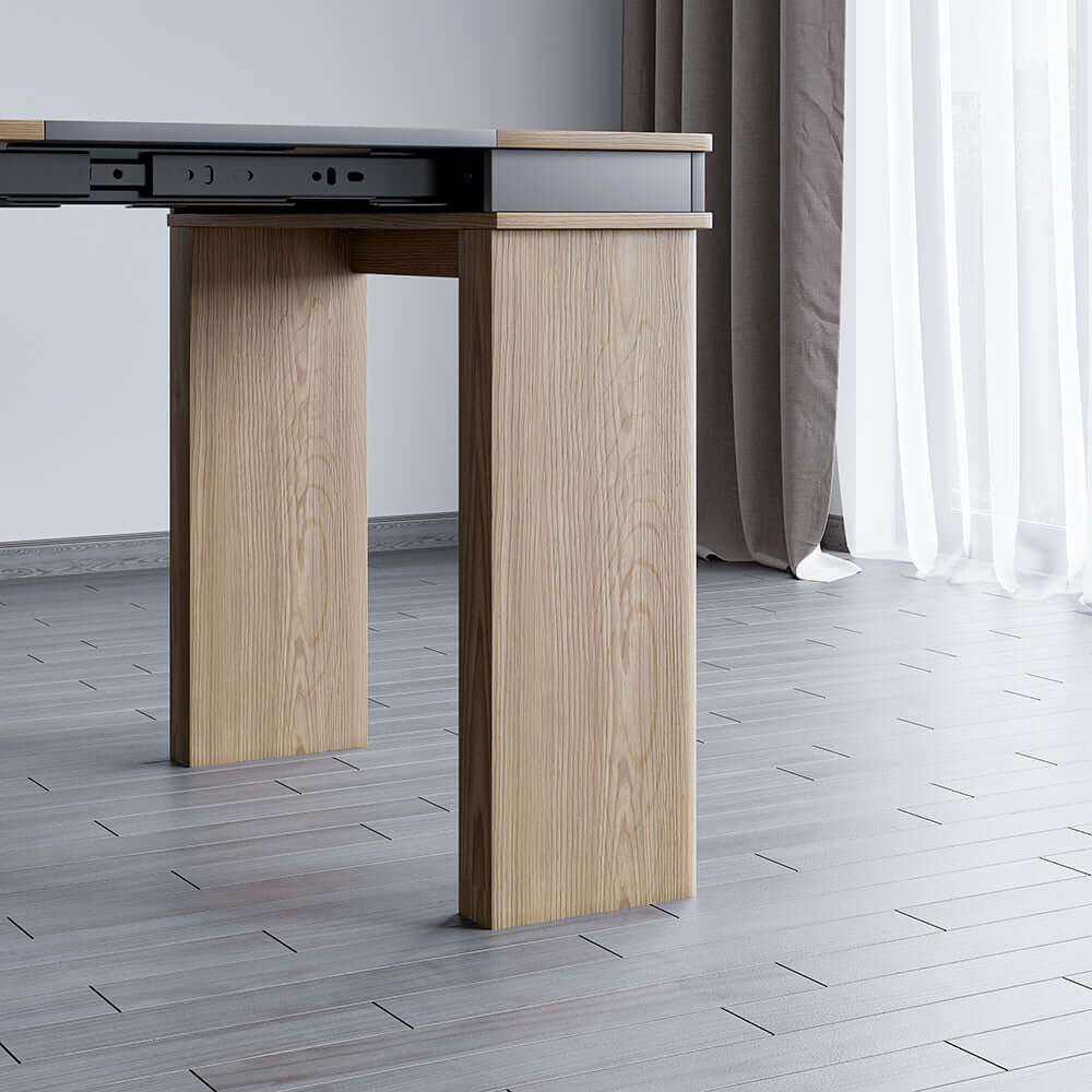 Contemporary walnut and gray dining set with extendable table, 4 chairs, and stylish storage sideboard