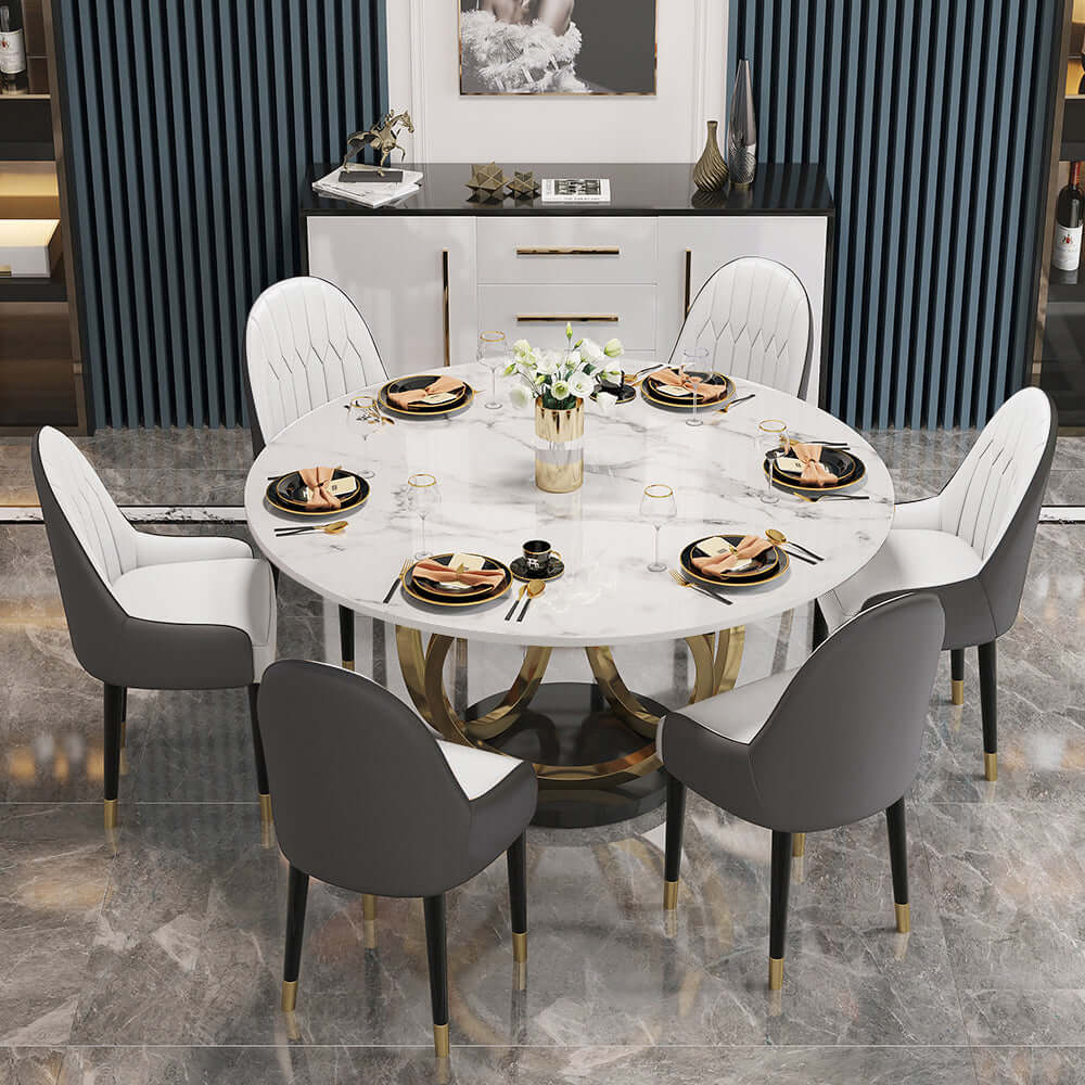 Modern 7 piece dining room set with elegant sintered stone top table in white and gray Hauptbild