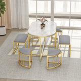 Modern White Oval Dining Table with Stools Stone Top & Metal Frame