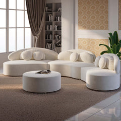 Round sectional beige sofa upholstered in luxurious velvet with ottoman and throw pillows