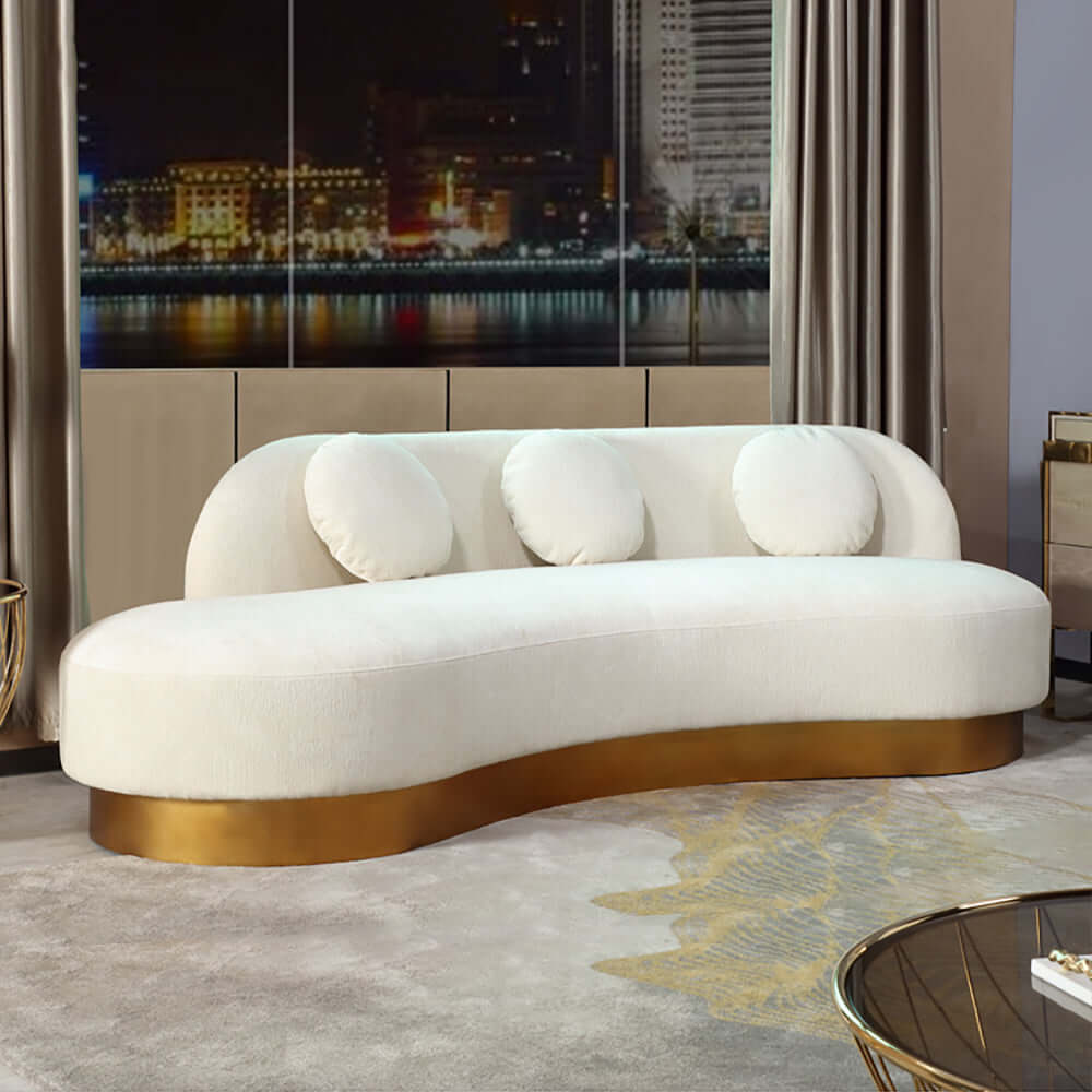 Modern white and gold velvet curved sofa with stainless steel base and pillows for 3 seaters Main image