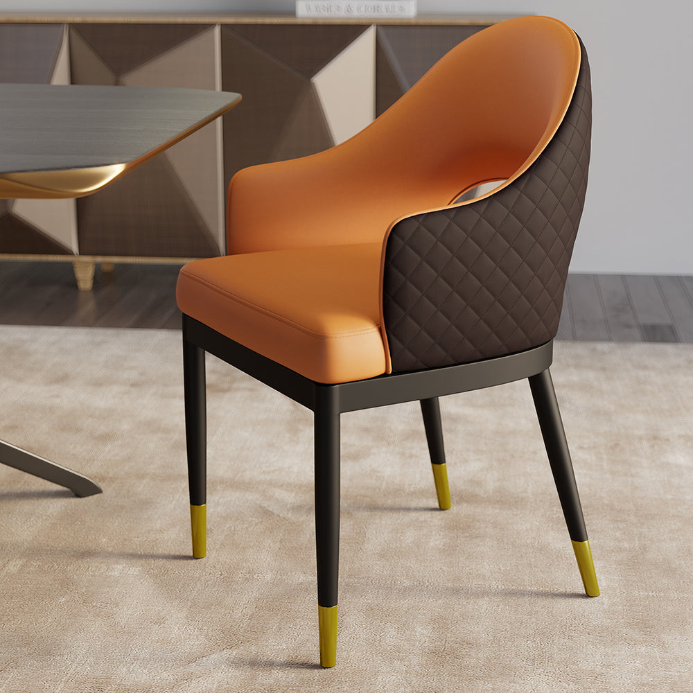 Modern Orange & Coffee PU Leather Dining Chair Set of 2 Open Back with Arms