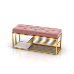 Elegant velvet upholstered bed bench in a charming shade of pink with convenient storage