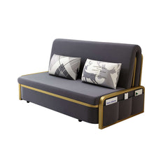 Elegant modern sofa bed with deep gray velvet and gold accents for compact living spaces