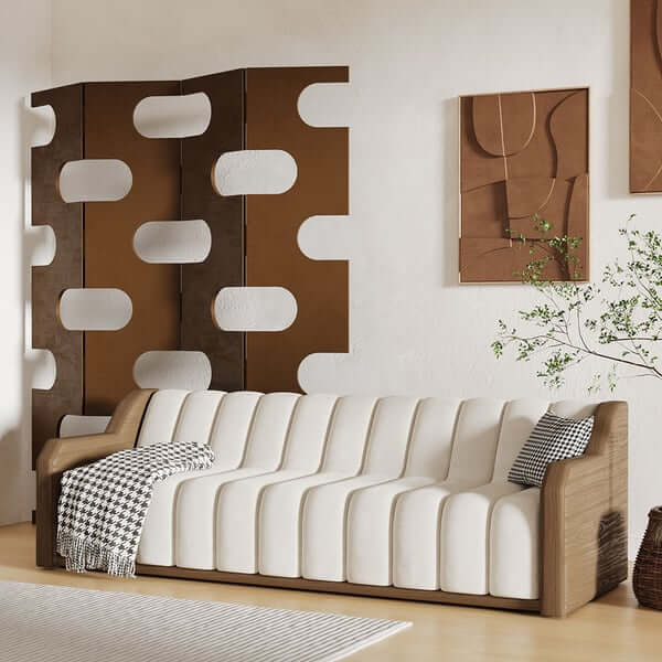 86.6インチ モダンなホワイト3人掛けフルーテッドベルベット張りソファ ウォールナットレザーアーム サブ画像