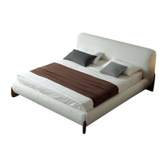 Modern white boucle platform bed - king size frame with beautifully upholstered headboard for exquisite bedroom ambiance