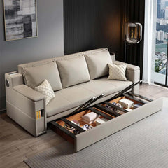 Contemporary 82.7" convertible sofa bed with leathaire upholstery and hidden storage feature