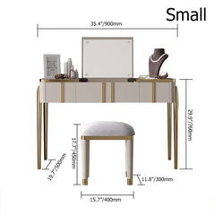 Champagne makeup vanity mirror and stool included with flip top 2-drawer dressing table