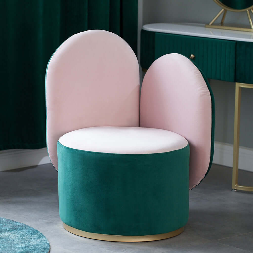 Modern green velvet sidechair with pink upholstery and gold base metal - stylish single chair Main image