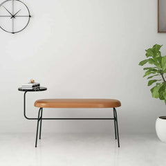 Modern oval shape bench with side table brown PU leather upholstery