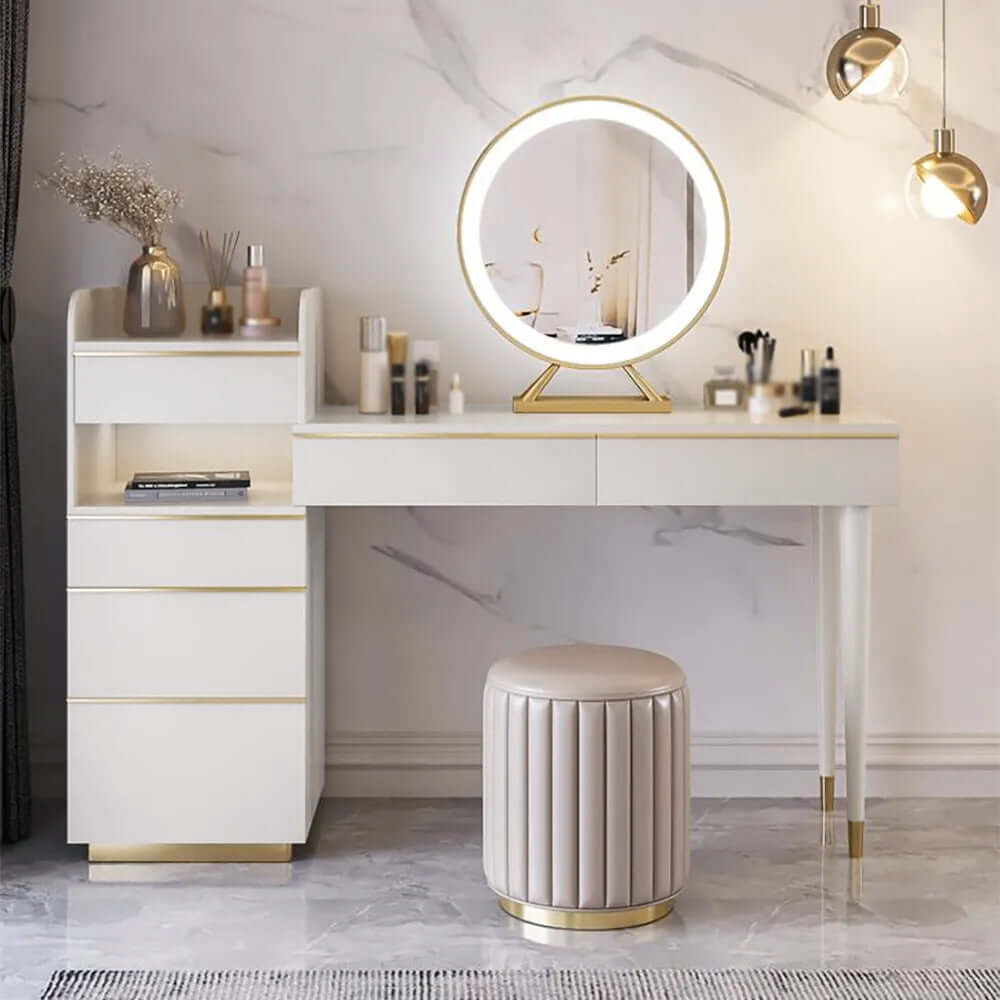 Offwhite Makeup Vanity Set Dressing Table with Lighted Mirror Cabinet & Stool Included - Cocochairs Offwhite Makeup Vanity Set Dressing Table with Lighted Mirror Cabinet & Stool Included - Cocochairs